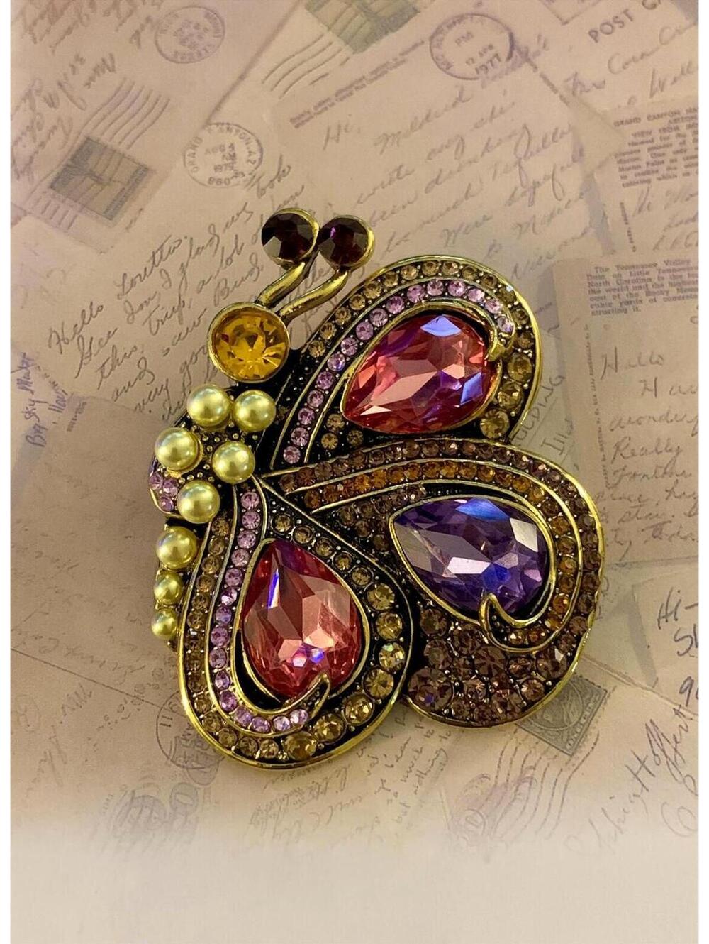 Beautiful Butterfly Brooch Yellow Metallic Multicolored Rhinestone Statement Pin